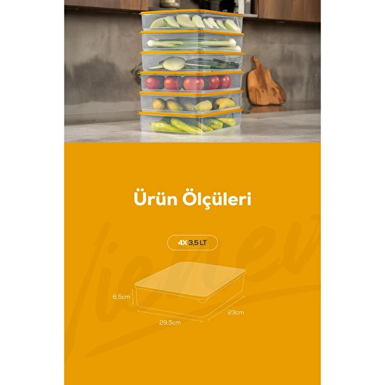Vienev 4'lü 3,5 Litre Buzdolabı Dondurucu Organizer Mikrodalga Ve Difrize Uygun Saklama Kabı Turuncu