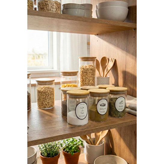 Vienev 6'lı Set Bambu Kapaklı Cam Kavanoz 280 Ml - Etiketli Baharat Düzenleyici Saklama Kabı (6,5x10 Cm)