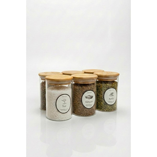 Vienev 6'lı Set Bambu Kapaklı Cam Kavanoz 280 Ml - Etiketli Baharat Düzenleyici Saklama Kabı (6,5x10 Cm)