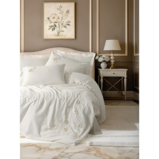 Cotton Box 3d Nakışlı Saten Çift Kişilik Nevresim Takımı Gilded Ekru