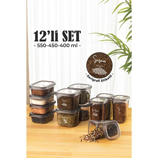 Vienev 12li Süper Set Baharat Saklama Kabı Seti Avantajlı Paket 4x(0,40, 0,45, 0,55) Etiketli