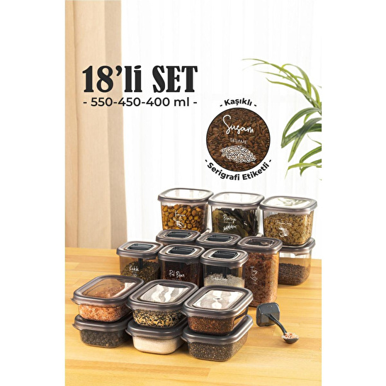 Vienev 18li Baharat Saklama Kabı Seti Avantajlı Paket 6x 0,40, 0,45, 0,55 Litre Etiketli Kaşıklı Süper Set Şeffaf