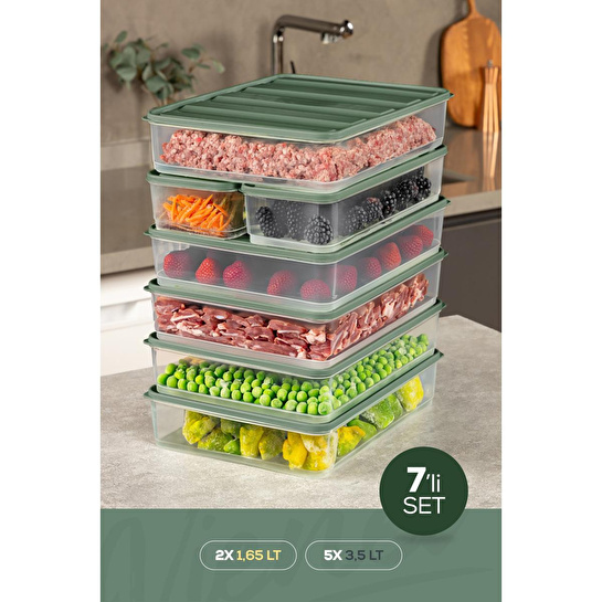 Vienev 7'li Buzdolabı Dondurucu Organizer Ve Saklama Kabı Yeşil 5x(3,5lt) 2x(1,65lt)