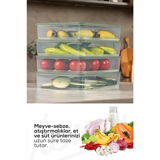 Vienev 4'lü 3,5 Litre Buzdolabı Dondurucu Organizer Mikrodalga Ve Difrize Uygun Saklama Kabı Yeşil