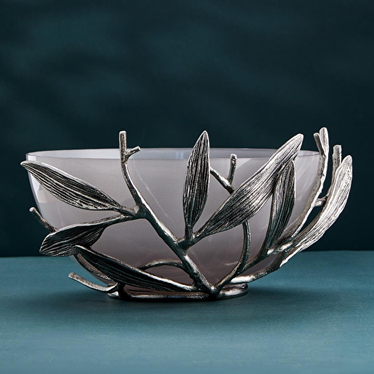 Cornella Ivy Antik Nikel Detaylı Füme Ombreli Cam Meyvelik Ağız:30 Cm X Boy:12 Cm