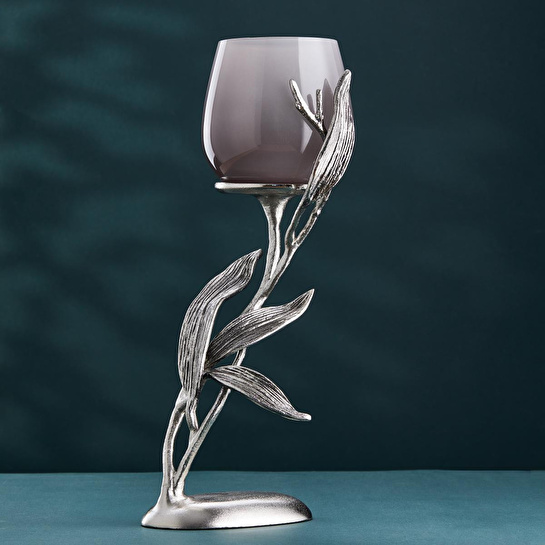 Cornella Ivy Antik Nikel Ayaklı Füme Ombreli Cam Şamdan Ağız:11 Cm X Boy:43 Cm