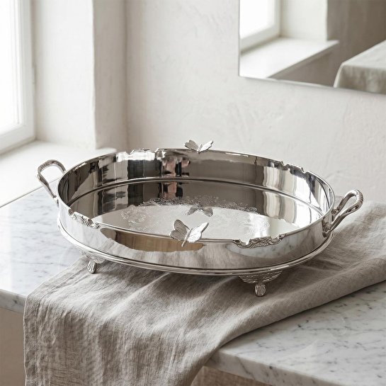 Lucky Art Kelebek Detaylı Ayaklı Paslanmaz Çelik Elips Tepsi 44 Cm