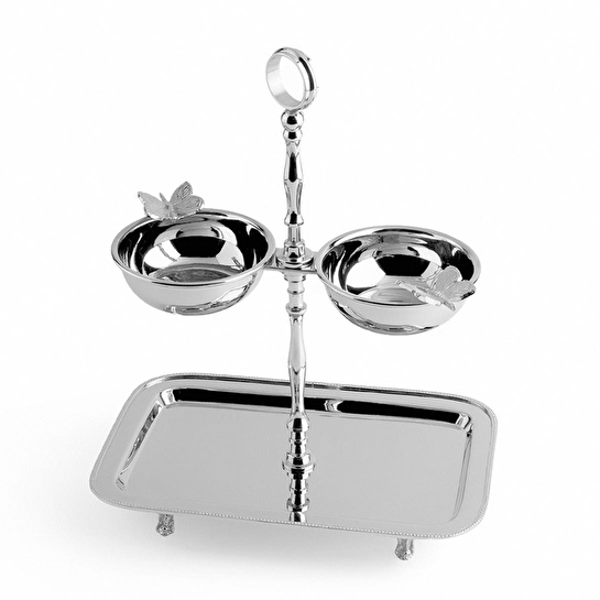 Lucky Art Kelebek Detaylı Katlı Çelik Tepsi Ve Çerezlik Seti