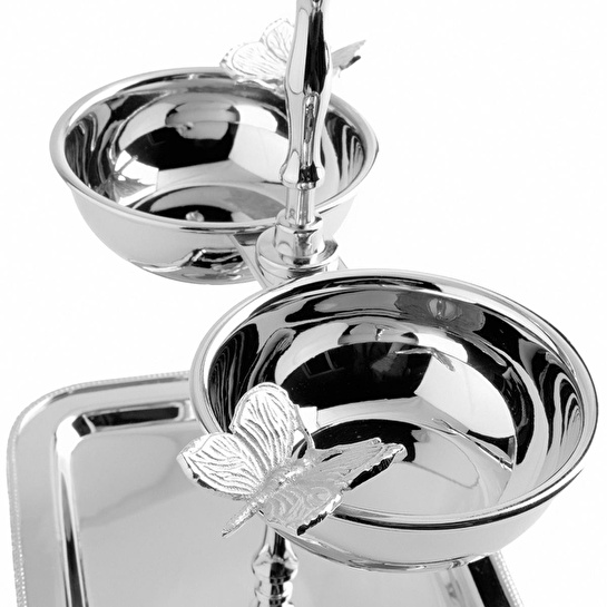 Lucky Art Kelebek Detaylı Katlı Çelik Tepsi Ve Çerezlik Seti