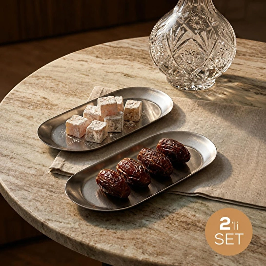 Vienev 2’li Gümüş Renk Metal Oval Kayık Tabak Seti - Sunum Ve Çerezlik Tabağı