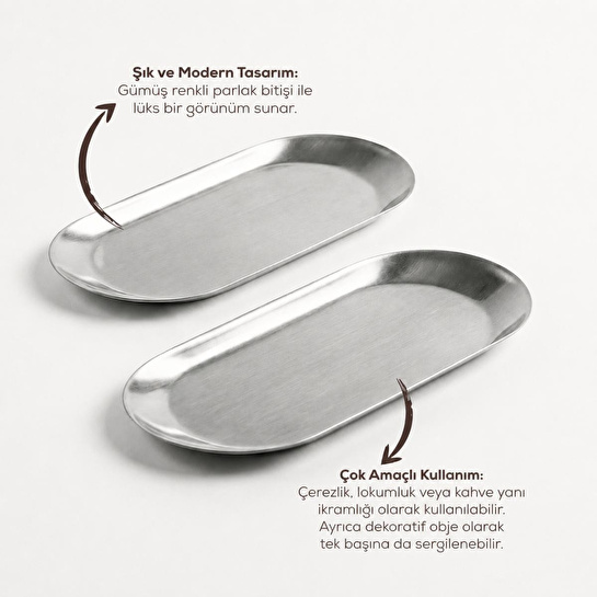 Vienev 2’li Gümüş Renk Metal Oval Kayık Tabak Seti - Sunum Ve Çerezlik Tabağı