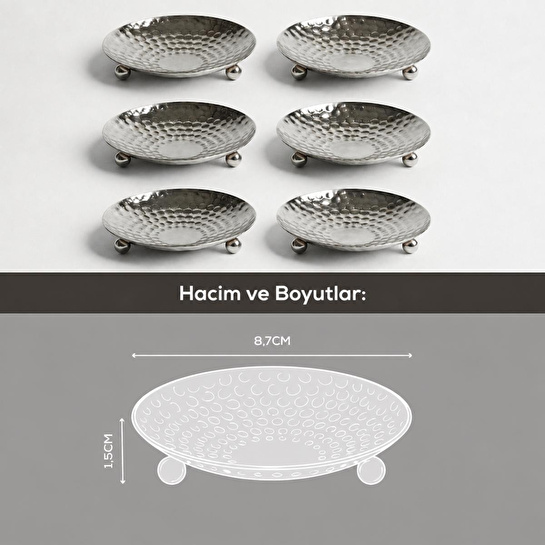 Vienev 6'lı Gümüş Renk Metal Mini Lokumluk - Dövme Desenli Sunum Tabağı
