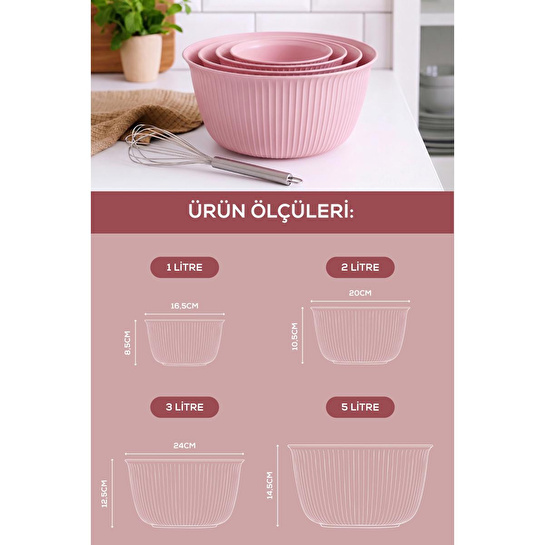 Vienev 4'lü Mega Boy Plastik Karıştırma Ve Saklama Kase Seti Pembe | 1l, 2l, 3l, 5l