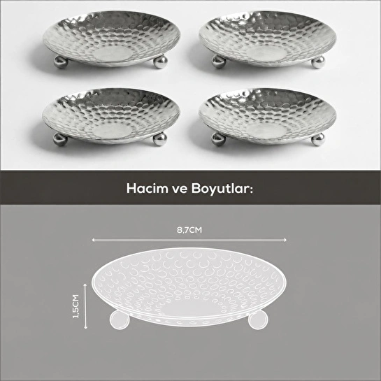 Vienev 4'lü Gümüş Renk Metal Mini Lokumluk - Dövme Desenli Sunum Tabağı
