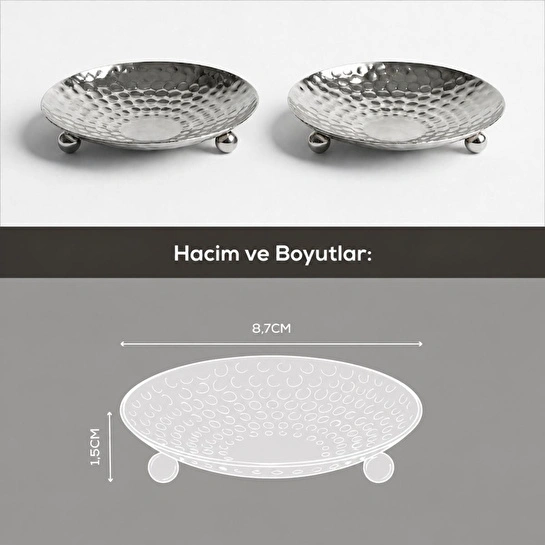 Vienev 2'li Gümüş Renk Metal Mini Lokumluk - Dövme Desenli Sunum Tabağı