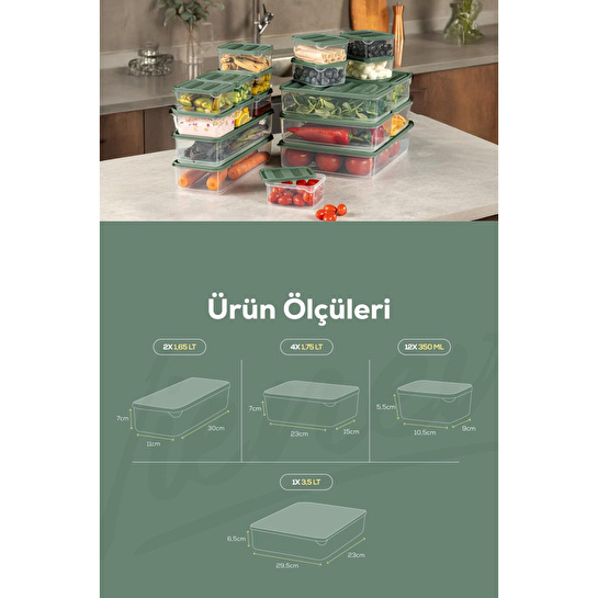 Vienev 19'lu Buzdolabı Dondurucu Organizer Ve Saklama Kabı Yeşil 12x(350ml) 4x(1,75lt) 2x(1,65lt) 1x(3,5lt)