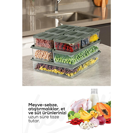 Vienev 10'lu Buzdolabı Dondurucu Organizer Ve Saklama Kabı Yeşil 6x(350ml) 2x(1,65lt) 2x(1,75lt)