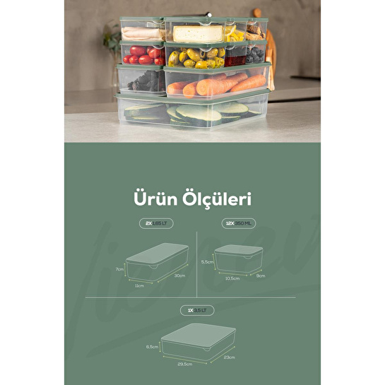Vienev 15'li Buzdolabı Dondurucu Organizer Ve Saklama Kabı Yeşil 12x(350ml) 2x(1,65lt) 1x(3,5lt)
