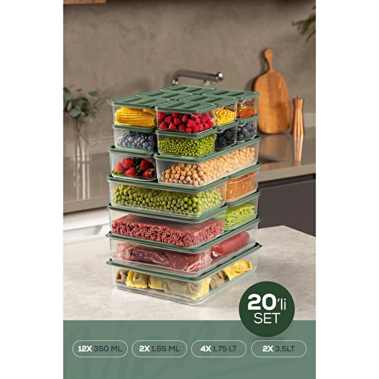 Vienev 20'li Buzdolabı Dondurucu Organizer Ve Saklama Kabı Yeşil 12x(350ml) 4x(1,75lt) 2x(1,65lt) 2x(3,5lt)