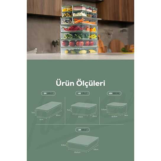 Vienev 20'li Buzdolabı Dondurucu Organizer Ve Saklama Kabı Yeşil 12x(350ml) 4x(1,75lt) 2x(1,65lt) 2x(3,5lt)