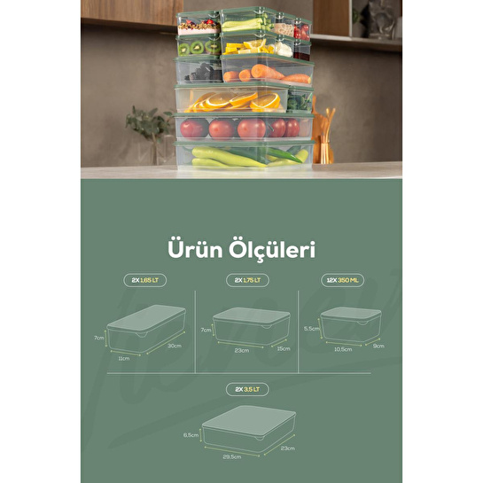 Vienev 18'li Buzdolabı Dondurucu Organizer Ve Saklama Kabı Yeşil 12x(350ml) 2x(1,65lt) 2x(1,75lt) 2x(3,5lt)