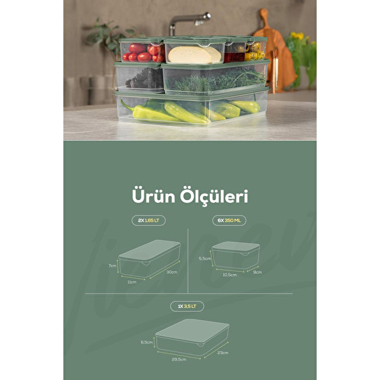 Vienev 9'lu Buzdolabı Dondurucu Organizer Ve Saklama Kabı Yeşil 6x(350ml) 2x(1,65lt) 1x(3,5lt)