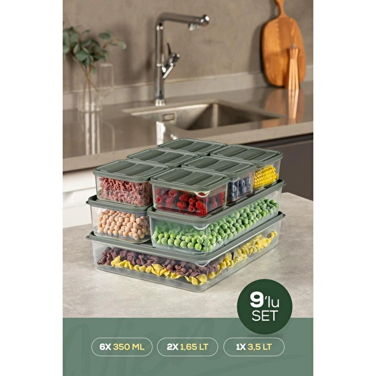 Vienev 9'lu Buzdolabı Dondurucu Organizer Ve Saklama Kabı Yeşil 6x(350ml) 2x(1,65lt) 1x(3,5lt)