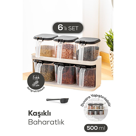 Vienev 6'lı Beyaz Standlı Kaşıklı Etiketli Kendinden Yapışkanlı Baharatlık Seti Beyaz