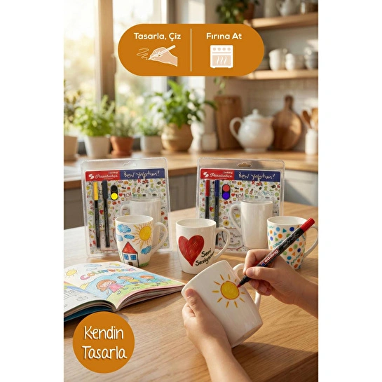 Vienev Diy Kupanı Kendin Tasarla Seti Paşabahçe X Edding - 2 Kupa + 4 Renk (siyah, Sarı, Kırmızı, Mor)