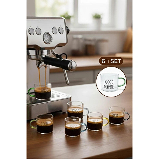 Vienev Renkli Kulplu 6'lı Good Morning Yazılı Cam Espresso Bardağı Seti - 95 Ml