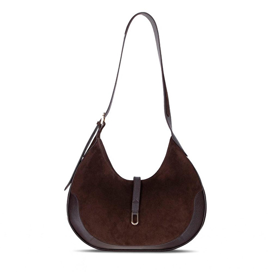 Bloominbag Crescente Walnut Suede Hakiki Deri Kadın Yarım Ay Formlu, El Yapımı Omuz Çantası