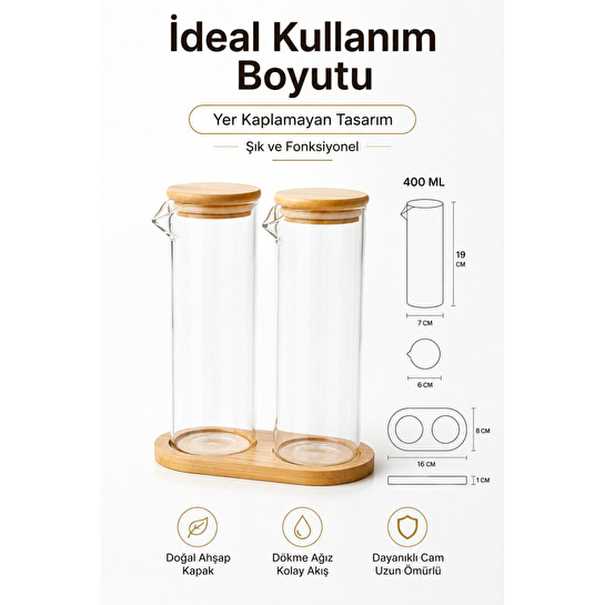 Vienev Ahşap Standlı 2'li Cam Yağdanlık Sirkelik Seti 400 Ml | Bambu Kapaklı
