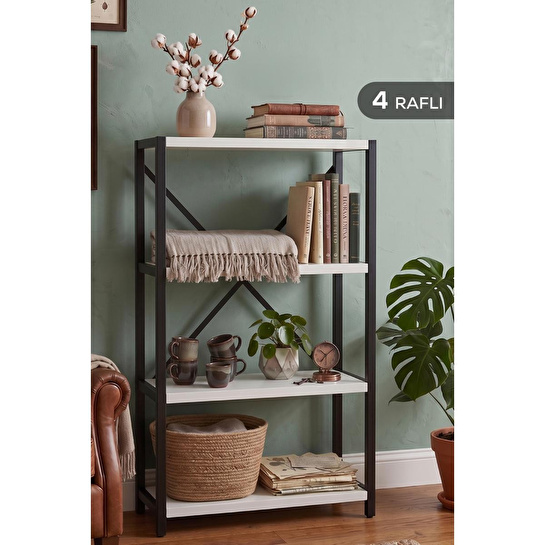 Vienev 4 Raflı Metal Dolap - Metal Ve Ahşap Kitaplık, Mutfak Rafı 120x60 Siyah-beyaz