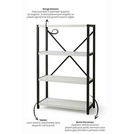 Vienev 4 Raflı Metal Dolap - Metal Ve Ahşap Kitaplık, Mutfak Rafı 120x60 Siyah-beyaz