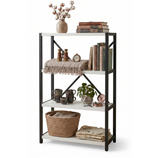 Vienev 4 Raflı Metal Dolap - Metal Ve Ahşap Kitaplık, Mutfak Rafı 120x60 Siyah-beyaz