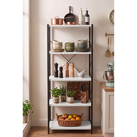 Vienev 5 Raflı Metal Dolap - Metal Ve Ahşap Kitaplık, Mutfak Rafı 150x60 Siyah-beyaz