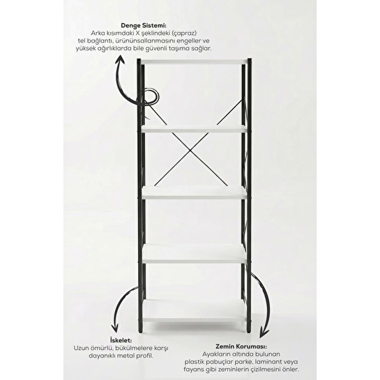 Vienev 5 Raflı Metal Dolap - Metal Ve Ahşap Kitaplık, Mutfak Rafı 150x60 Siyah-beyaz