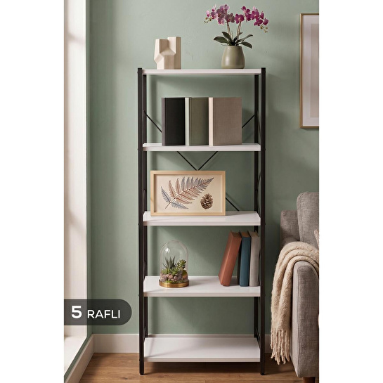 Vienev 5 Raflı Metal Dolap - Metal Ve Ahşap Kitaplık, Mutfak Rafı 150x60 Siyah-beyaz