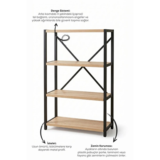 Vienev 4 Raflı Metal Dolap - Metal Ve Ahşap Kitaplık, Mutfak Rafı 120x60 Siyah-ahşap
