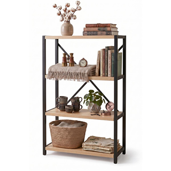 Vienev 4 Raflı Metal Dolap - Metal Ve Ahşap Kitaplık, Mutfak Rafı 120x60 Siyah-ahşap