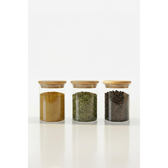 Vienev 3'lü Set Bambu Kapaklı Cam Kavanoz 280 Ml - Erzak Düzenleyici Saklama Kabı (6,5x10cm)