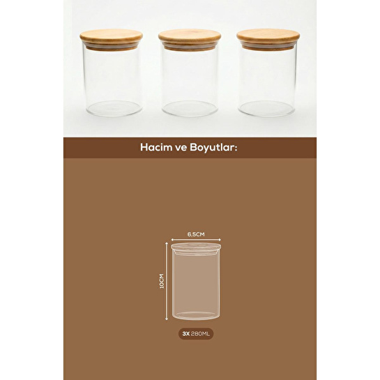 Vienev 3'lü Set Bambu Kapaklı Cam Kavanoz 280 Ml - Erzak Düzenleyici Saklama Kabı (6,5x10cm)