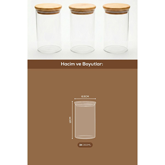Vienev 3'lü Set Bambu Kapaklı Cam Kavanoz 350 Ml - Erzak Düzenleyici Saklama Kabı (6,5x12 Cm)