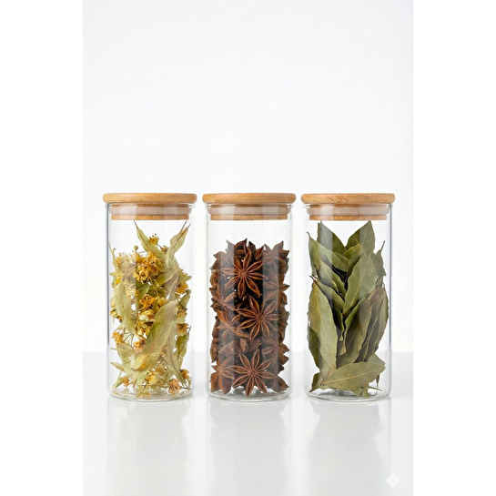 Vienev 3'lü Set Bambu Kapaklı Cam Kavanoz 350 Ml - Erzak Düzenleyici Saklama Kabı (6,5x12 Cm)
