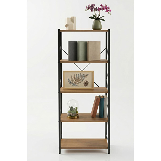 Vienev 5 Raflı Metal Dolap - Metal Ve Ahşap Kitaplık, Mutfak Rafı 150x60 Siyah-ahşap
