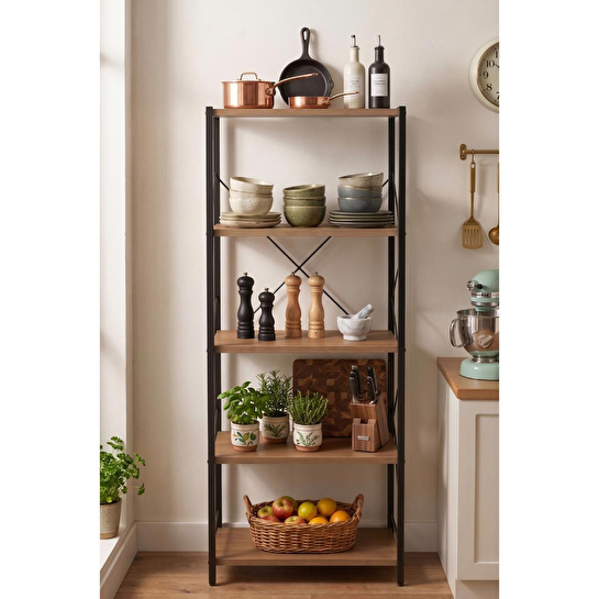 Vienev 5 Raflı Metal Dolap - Metal Ve Ahşap Kitaplık, Mutfak Rafı 150x60 Siyah-ahşap