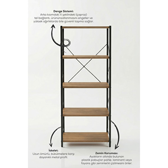 Vienev 5 Raflı Metal Dolap - Metal Ve Ahşap Kitaplık, Mutfak Rafı 150x60 Siyah-ahşap