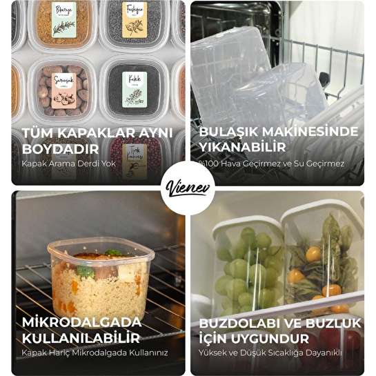 Vienev Renkli Etiketli 12li Set Peggy Kare Erzak Saklama Kabı 9x(0,55 Litre) - 3x(1,75 Litre) Beyaz