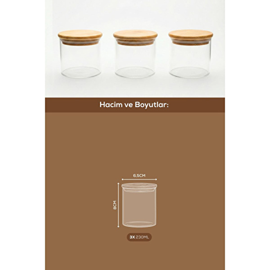 Vienev 3'lü Set Bambu Kapaklı Cam Kavanoz 230 Ml - Erzak Düzenleyici Saklama Kabı (6,5x8cm)
