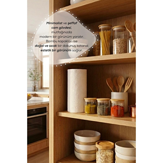 Vienev 3'lü Set Bambu Kapaklı Cam Kavanoz 230 Ml - Erzak Düzenleyici Saklama Kabı (6,5x8cm)